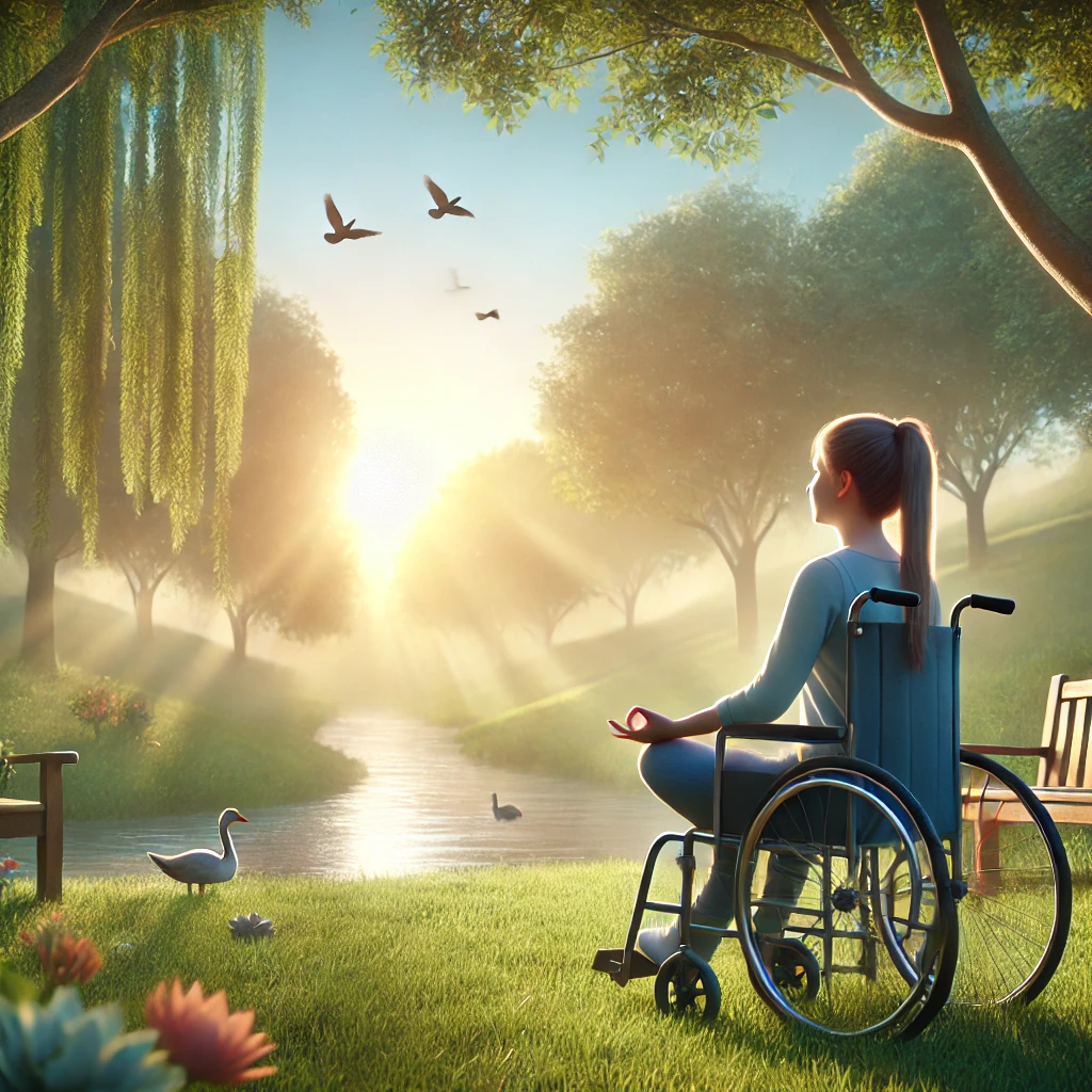 A serene outdoor scene showing a girl in a wheelchair meditating peacefully. She sits in a relaxed posture with her eyes closed and hands resting on her lap, surrounded by soft sunlight streaming through trees. The background features a grassy area, a gentle river, and birds flying in the sky, creating a tranquil and inclusive atmosphere. Scattered flowers add a touch of harmony to the setting.