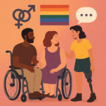 An inclusive digital illustration of three gender-diverse disabled individuals interacting warmly. A Black man and a white woman, both in wheelchairs, hold hands while smiling at a South Asian woman with a prosthetic leg who is speaking to them. Symbols of gender and LGBTQ+ pride, including interlinked gender signs and a rainbow flag, appear in the background along with a speech bubble, representing sexuality, identity, and communication. The background has a warm orange-pink gradient, creating a welcoming and affirming atmosphere.