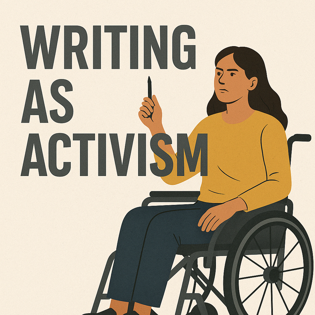 A 2D digital illustration of a woman with medium brown skin and dark brown shoulder-length hair, seated confidently in a manual wheelchair. She wears a mustard yellow long-sleeve shirt and navy blue pants. Holding a black pen upright in her right hand, she gazes forward with determination. Bold text beside her reads "WRITING AS ACTIVISM" in uppercase letters. The background is a light textured beige, emphasizing the powerful message.