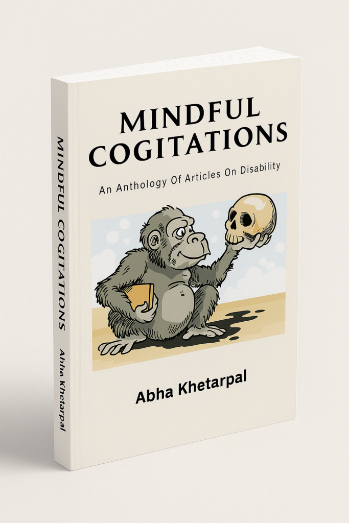 Coverpage of the anthology Mindful Cogitations. A monkey is holding is brain in his hand and thing.