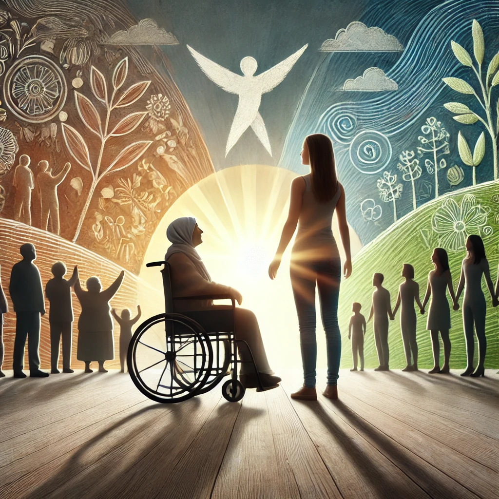 A woman with a visible disability, standing confidently in a wheelchair, surrounded by diverse people in support. The scene is set against a hopeful, uplifting backdrop with elements of nature like a sunrise, symbolizing resilience, empowerment, and community in advocacy for gender and disability rights
