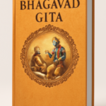 A hardcover edition of the Bhagavad Gita with a warm golden-orange cover. The title 'BHAGAVAD GITA' is prominently displayed in bold black text at the top. Below the title, a detailed illustration within an ornate circular frame shows Lord Krishna and Arjuna, depicting the iconic scene of their conversation. A red ribbon bookmark peeks from the spine of the book, and the design is complemented by a soft off-white background with subtle lighting that enhances the elegance of the book.
