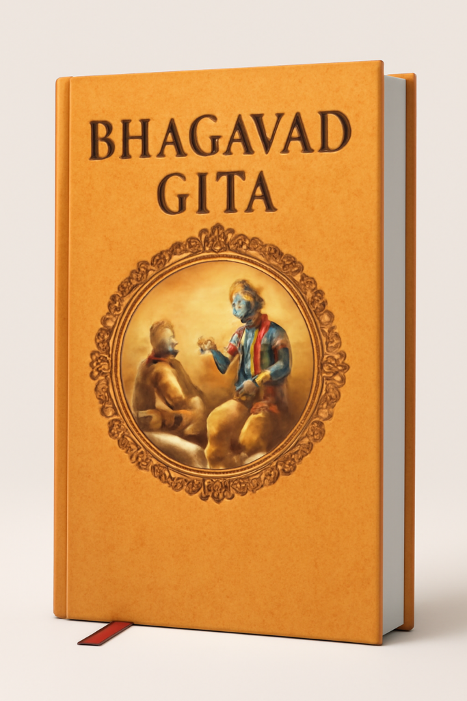 A hardcover edition of the Bhagavad Gita with a warm golden-orange cover. The title 'BHAGAVAD GITA' is prominently displayed in bold black text at the top. Below the title, a detailed illustration within an ornate circular frame shows Lord Krishna and Arjuna, depicting the iconic scene of their conversation. A red ribbon bookmark peeks from the spine of the book, and the design is complemented by a soft off-white background with subtle lighting that enhances the elegance of the book.