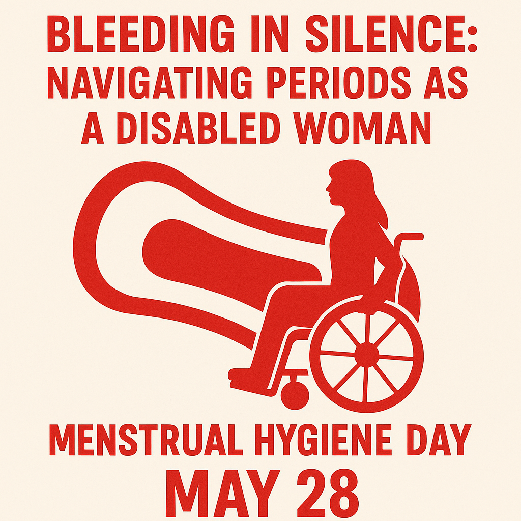 A bold, flat graphic illustration in red and cream colors. It features a large red menstrual pad in the background with a red silhouette of a woman in a wheelchair overlaid. Above, bold red text reads: “BLEEDING IN SILENCE: NAVIGATING PERIODS AS A DISABLED WOMAN.” Below the image, it says “MENSTRUAL HYGIENE DAY – MAY 28.” The design emphasizes disability inclusion in menstrual health awareness.