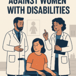 A woman in a wheelchair looks visibly uncomfortable as two doctors discuss her care without addressing her directly. The scene takes place in a sterile clinic, evoking isolation and loss of control.