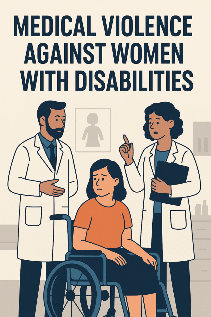 A woman in a wheelchair looks visibly uncomfortable as two doctors discuss her care without addressing her directly. The scene takes place in a sterile clinic, evoking isolation and loss of control.