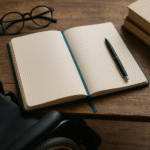 A rustic wooden desk with an open blank notebook and a pen resting on its pages. A pair of eyeglasses and stacked books lie nearby, while the edge of a wheelchair is visible in the foreground, symbolizing the presence yet absence of disabled writers.