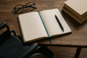 A rustic wooden desk with an open blank notebook and a pen resting on its pages. A pair of eyeglasses and stacked books lie nearby, while the edge of a wheelchair is visible in the foreground, symbolizing the presence yet absence of disabled writers.