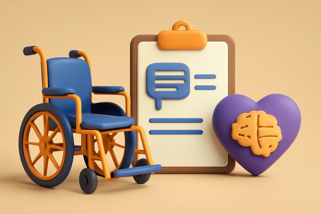 A 3D digital illustration featuring a blue wheelchair, a clipboard with a speech therapy symbol, and a purple heart with a yellow brain. The elements are set against a warm beige background, symbolizing the intersection of accessibility, therapy, and mental health support for individuals with disabilities.