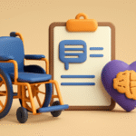 A 3D digital illustration featuring a blue wheelchair, a clipboard with a speech therapy symbol, and a purple heart with a yellow brain. The elements are set against a warm beige background, symbolizing the intersection of accessibility, therapy, and mental health support for individuals with disabilities.