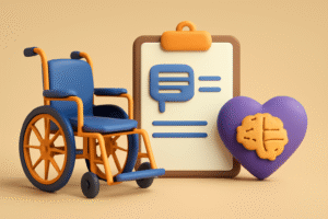 A 3D digital illustration featuring a blue wheelchair, a clipboard with a speech therapy symbol, and a purple heart with a yellow brain. The elements are set against a warm beige background, symbolizing the intersection of accessibility, therapy, and mental health support for individuals with disabilities.