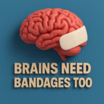 3D render of the brain in a futuristic tech style, with the white bandage