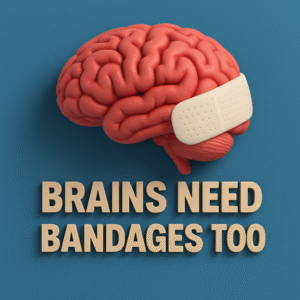 3D render of the brain in a futuristic tech style, with the white bandage