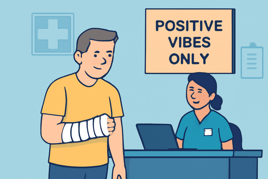 hospital triage desk with a patient and the "Positive Vibes Only" sign