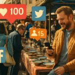 Flea market scene with a man checking his phone while social media icons (like, Twitter, Facebook, and followers) float above the crowd, symbolizing the connection between real-life marketplaces and digital attention-seeking