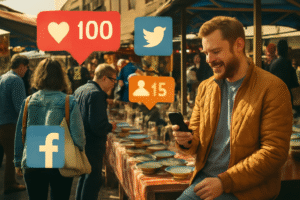 Flea market scene with a man checking his phone while social media icons (like, Twitter, Facebook, and followers) float above the crowd, symbolizing the connection between real-life marketplaces and digital attention-seeking