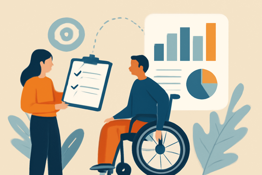 A digital illustration in a flat design style, depicting two characters engaged in an inclusion audit process. A woman stands holding an audit checklist, while a man in a wheelchair sits nearby. Behind them, there are icons and charts symbolizing the audit process, creating a balanced and visually clean composition.