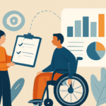 A digital illustration in a flat design style, depicting two characters engaged in an inclusion audit process. A woman stands holding an audit checklist, while a man in a wheelchair sits nearby. Behind them, there are icons and charts symbolizing the audit process, creating a balanced and visually clean composition.