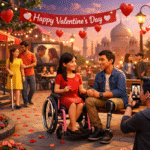 A vibrant 3D illustration of an inclusive Valentine's Day celebration in an urban Indian park at sunset. The scene features couples of diverse abilities enjoying the moment. A young couple with disabilities sits on a bench, holding hands, with the woman in a wheelchair and the man wearing a prosthetic leg. They both smile and share a heart-shaped card. In the background, a visually impaired woman is guided by her partner. The atmosphere is warm, with heart-shaped decorations, a 'Happy Valentine's Day' banner, and the iconic Taj Mahal in the distance