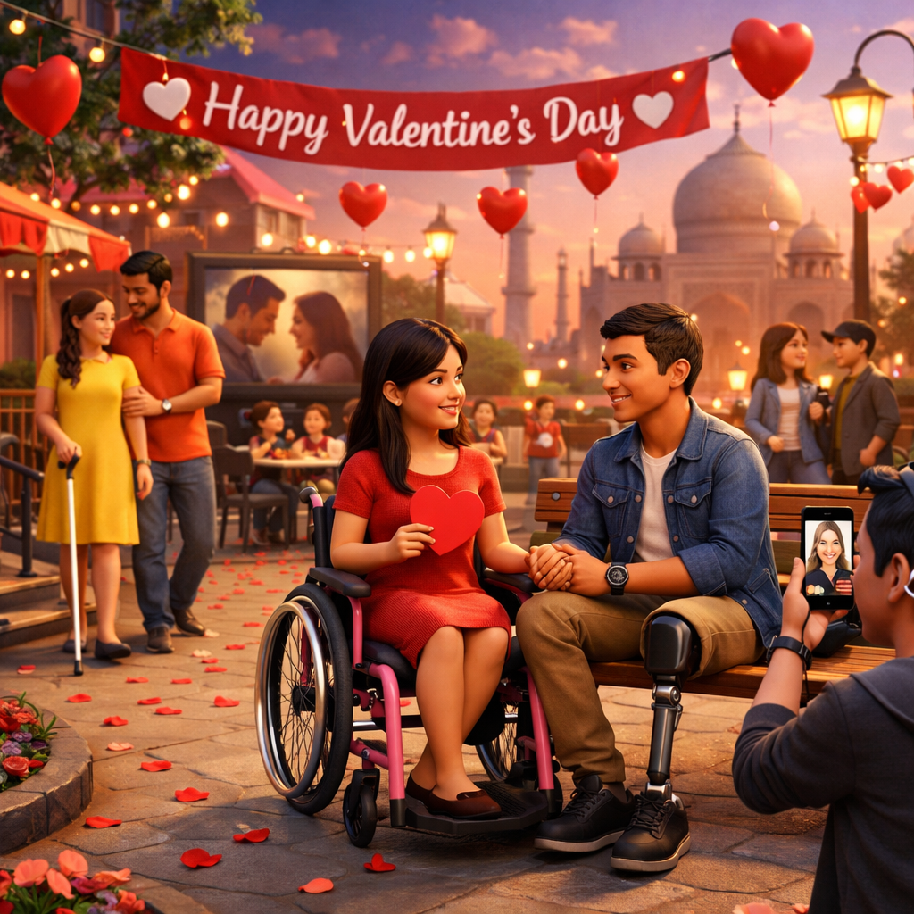 A vibrant 3D illustration of an inclusive Valentine's Day celebration in an urban Indian park at sunset. The scene features couples of diverse abilities enjoying the moment. A young couple with disabilities sits on a bench, holding hands, with the woman in a wheelchair and the man wearing a prosthetic leg. They both smile and share a heart-shaped card. In the background, a visually impaired woman is guided by her partner. The atmosphere is warm, with heart-shaped decorations, a 'Happy Valentine's Day' banner, and the iconic Taj Mahal in the distance