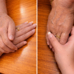 a panel of two images holding each other's hands