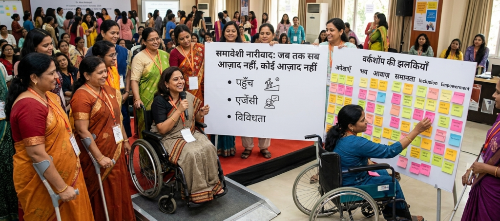 Image of a wheelchair user in workshop with participants around her